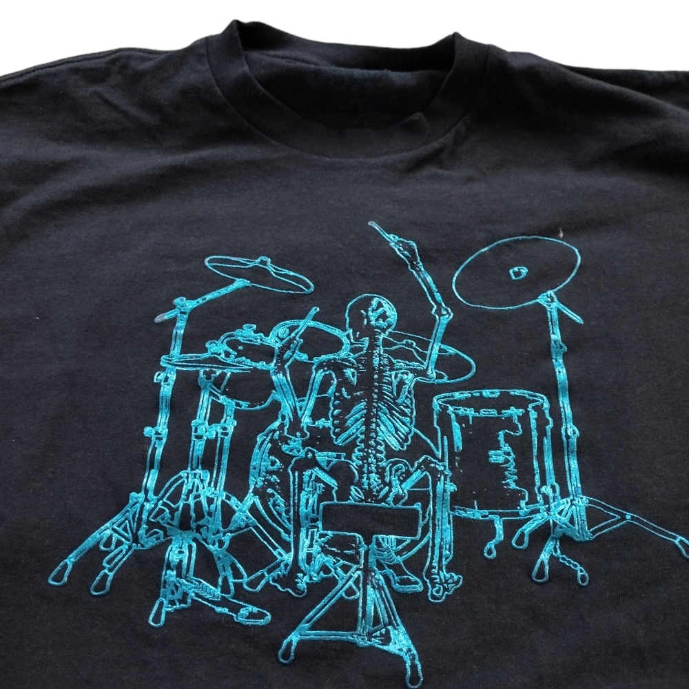 Mens Electric Blue Dead Skeleton Drummer Music Tee Shirt SZ Medium